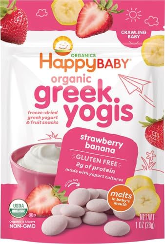 Happy Baby Organics Baby Snacks, Greek Yogis, Freeze Dried Yogurt & Fruit Snacks, Gluten Free Snack for Babies 9+ Months, Strawberry & Banana, 1 Ounce (Pack of 2)
