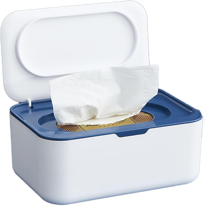 Wet Wipes Dispenser Box, Refillable Tissue Storage Case with Lid, Napkin Holder Container for Baby Wipes, Facial Tissues, Kitchen, Bathroom, Office, and Car Use, Keep Wipes Fresh and Clean (Blue)