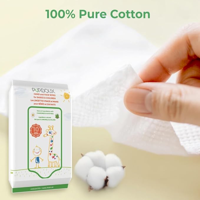 PURDOUX TM Hand and Face Wipes for Babies and Children 120 Wipes (12 Packs of 10)