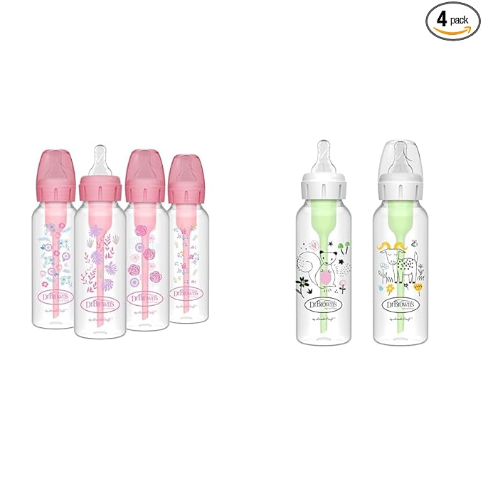 Dr. Brown's Anti-Colic Options+ Narrow Baby Bottles, Floral & Squirrel Designs, 8oz/250mL, Level 1 Slow Flow Nipples, 4 & 2 Packs, 0m+