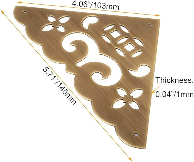 4Pcs 4"/10.3cm Large Size Antique Brass Hollow Pattern Corner Protectors Vintage Hardware Desk Edge Wooden Jewelry Gift Box Cabinet Corner Guard