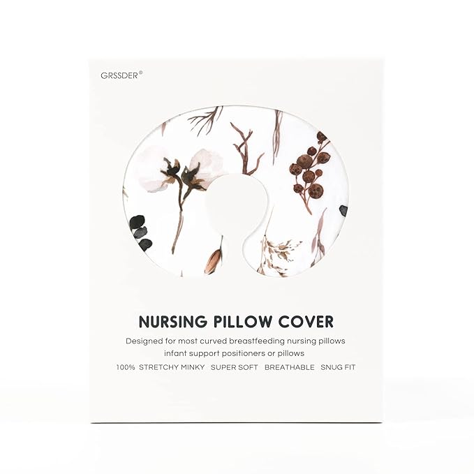 GRSSDER Nursing Pillow Cover Stretchy Minky Removable Nursing Covers for Breastfeeding Pillows, Ultra Soft Comfortable Slipcover for Boy and Girls, Stylish Pretty Flora, Beige