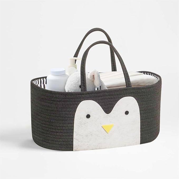 T&T Homewares Diaper Caddy Organizer, Cotton Rope Diaper Caddy Basket, Baby Shower Basket, Nursery Storage Bins, Newborn Caddie- Cat, Fox, Penguin (Black Penguin)