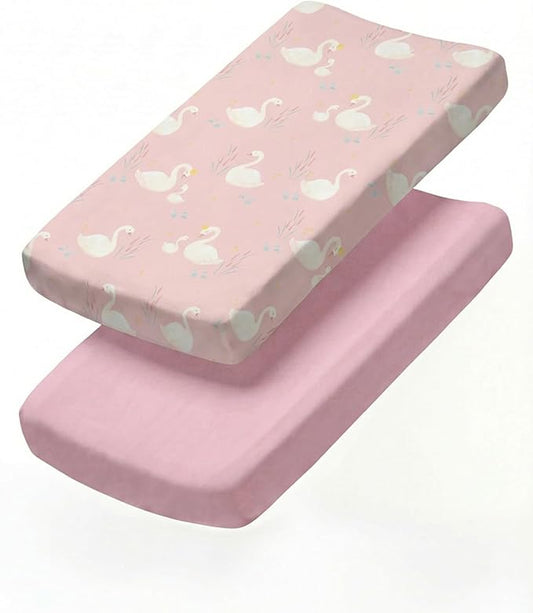 Changing Pad Cover - Pack of 2 Soft Unisex Diaper Change Microfiber Table Sheets - Fits 32"x16" Contoured Pad - Changing Pad Cover for Baby Boys and Girls - Snug, Machine Washable - Oeko-Tex, Swans