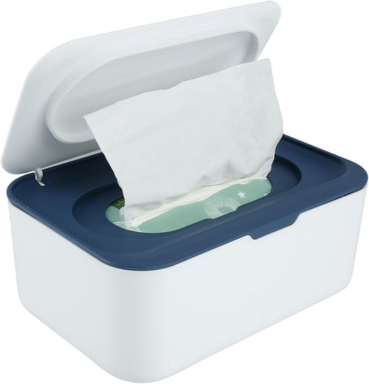 Wipes Dispenser, Dustproof Wet Tissue Box Baby Wipe Holder Large Capacity Wipes/Tissue Case with Moistur e Seal Secure Lid Keeps Wipes Fresh for Home, Office(Navy Blue)