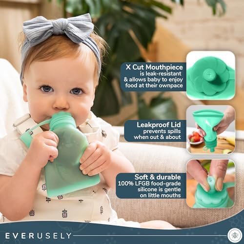 Everusely Reusable Baby Food Pouches for Toddlers - 2 Pack, 6 oz/180 ml, Green - Squeezable Silicone Food Pouch - Refillable, Leakproof, Spill Proof Puree Containers - BPA Free - Dishwasher Safe