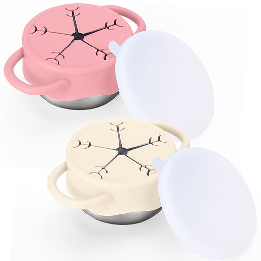 BUSOHA 2 Pack Stainless Steel Toddler Snack Cups - 12 OZ Spill-Proof Baby Snack Containers with Silicone Catcher and Lid Travel Snack Containers for Kids Food Grade Silicone Dishwasher Safe