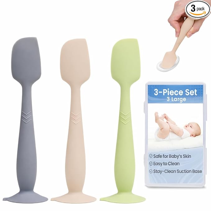 3-Pack Diaper Cream Spatula - Soft Silicone Butt Paste Spatula with Full-Size Applicators, Diaper Rash Cream Applicator for Newborn Baby Essentials (Green, Beige, Gray)