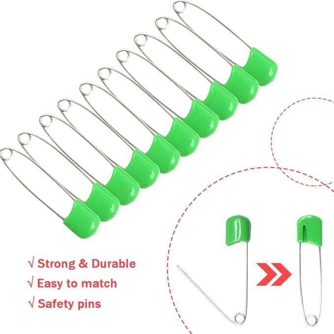 50 PCS Safety Pin 54mm/2.2in Baby Diaper for Cloth Plastic Head Baby for Diapers Stainless Steel Cloth with Locking Closures Nappy for Crafts（DT/Green）