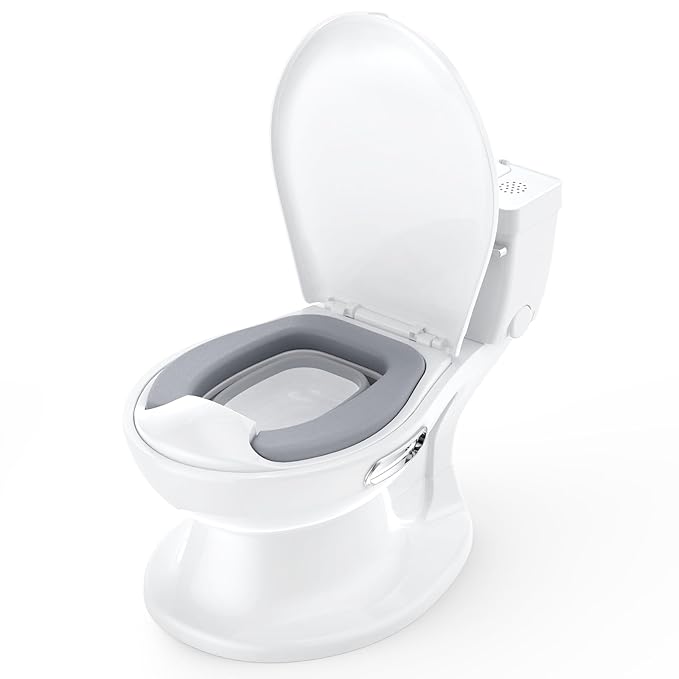 2-in-1 Potty Training Toilet, 12.99in Standalone Potty Chair for Toddlers & Baby, Realistic Flushing Sound, Soft Comfort Seat, Removable Washable Pot, Non-Slip Base, Built-in Toilet Paper Holder