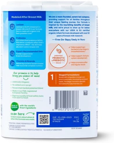 Happy Baby Organics Stage 1 Infant Formula, 0 12 Months, Milk Based Organic Baby Formula Powder with Iron, Probiotics & Prebiotics for Immune & Digestive Support, 22.9 Ounce (Pack of 2)