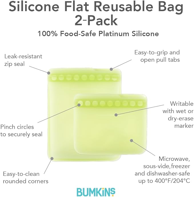 Bumkins - Silicone Snack & Sandwich Bags - For Storage, Food Prep, Lunch Bag - Reusable, Leak Resistant, Washable, Microwave, Freezer & Dishwasher Safe - 2 pack - Green