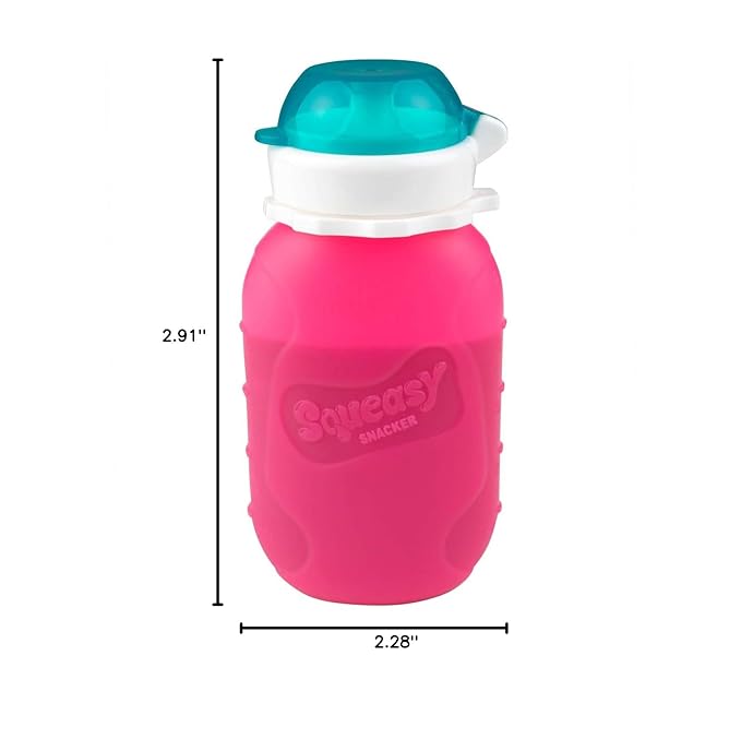 Pink 6 oz Squeasy Snacker Spill Proof Silicone Reusable Food Pouch - for Both Soft Foods and Liquids - Water, Apple Sauce, Yogurt, Smoothies, Baby Food - Dishwasher Safe