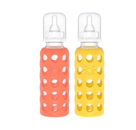Lifefactory Glass Baby Bottle BPA Free | Protective Silicone Sleeve | 9 oz Pack of 2 | Mango, Papaya