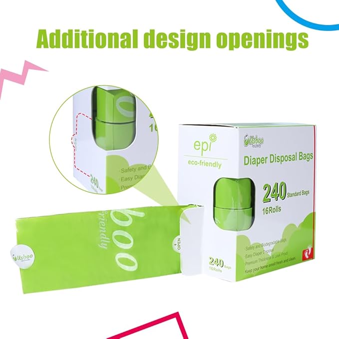 Diaper Bags Disposable for Baby, 16 Refill Rolls/240 Bags OXO-Biodegradable Waste Bags,Dirty Disposable Diaper Bags,Diaper Trash Bags,Green