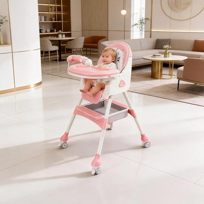Portable Baby High Chair for Babies & Toddlers, Easy-Clean Multi-Use Feeding Chair with Lockable Wheels & Toy Storage Basket-Pink