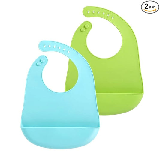 PandaEar 2 Pack Silicone Baby Bibs Super Thin Light Weight for Babies & Toddlers Feeding, Adjustable Silicone Bibs with Food Catcher Pocket, Waterproof, Soft, Unisex, Non Messy (Blue Green)