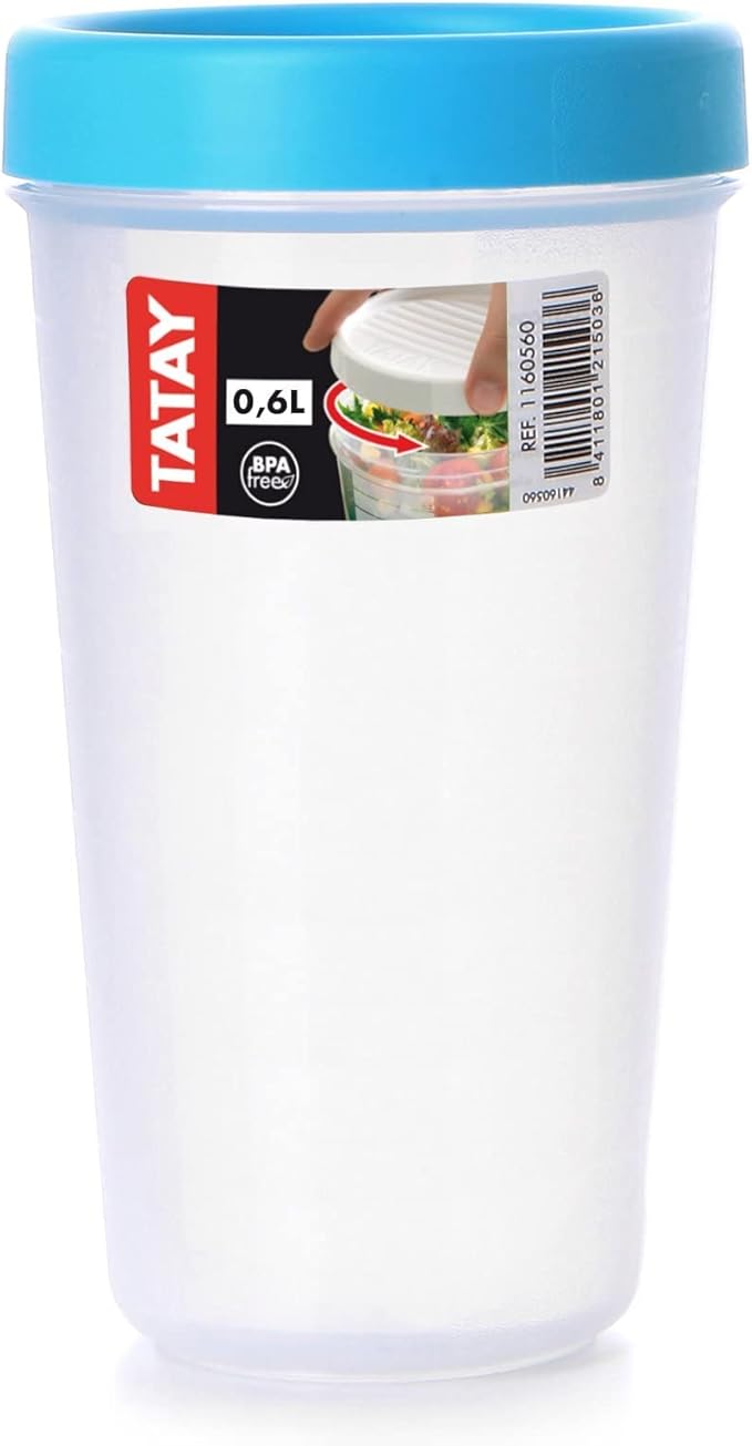 TATAY Food Storage, Airtight, 0.6L of Capacity, Screw Lid, BPA free, Suitable Microwave and Dishwasher, Blue. Measures: 8,5 x 8,5 x 16,5 cm