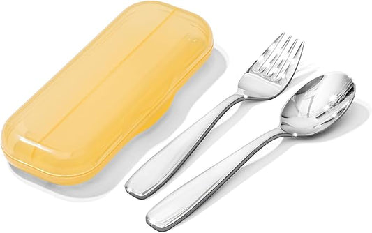 KINGSTONE Toddler Utensils Set with Case, 18/10 Stainless Steel Kids Silverware - Children Safe Small Fork & Spoon, Food-Grade Toddler Dishes, Mirror Polished, Dishwasher Safe