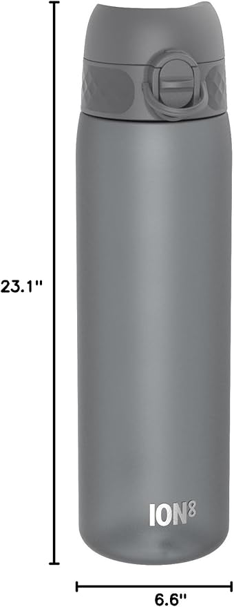 Ion8 Water Bottle, 500 ml/18 oz, Leak Proof, Easy to Open, Secure Lock, Dishwasher Safe, BPA Free, Hygienic Flip Cover, Carry Handle, Fits Cup Holders, Easy Clean, Odor Free, Carbon Neutral, Grey