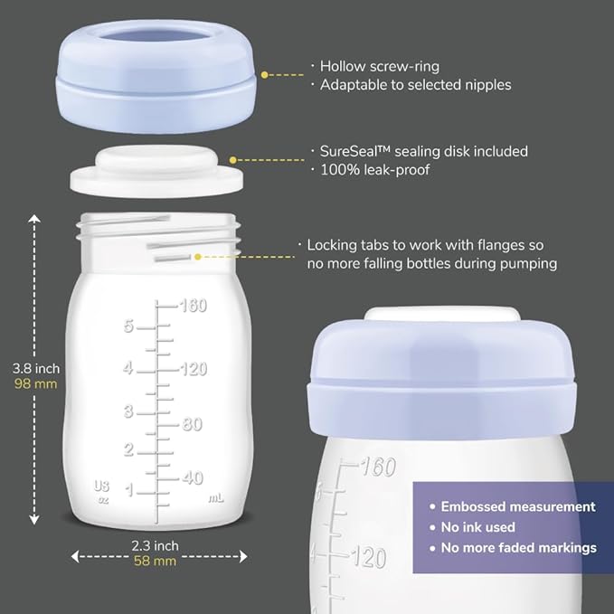 Maymom Wide Neck Breastmilk Collection n Storage Bottle 5.4 oz; Re-markable SureSeal Disc. Fits Spectra S2 Spectra S1 9 Plus.