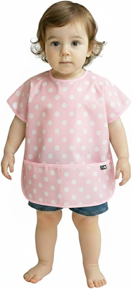 Plie Short Sleeve Waterproof Bib for Toddlers – Easy Clean Feeding Apron for Mealtime, Daycare, Self-Feeding, Lightweight