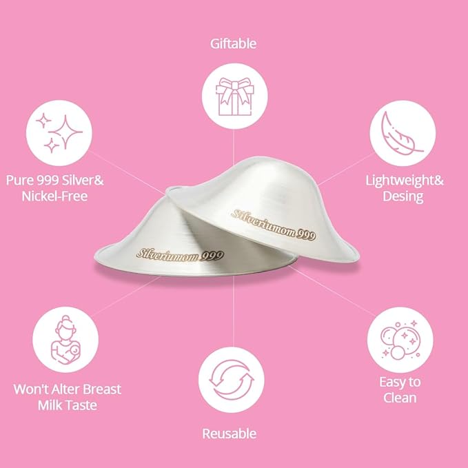 Silveriumom The Original Silver Nursing Cups - Nipple Shields for Nursing Newborn - 100% Pure Silver 999 Silver and Handmade - Nipple Covers Breastfeeding (Trilaminate Silver Regular)