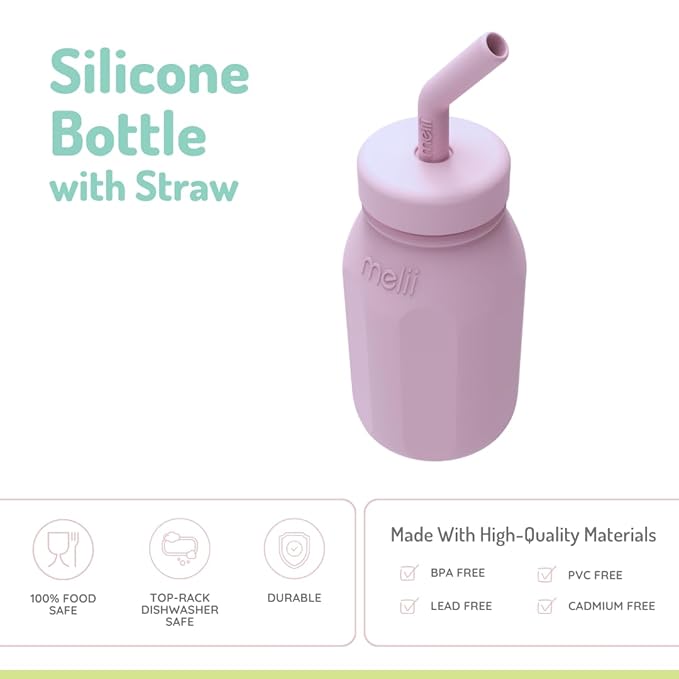 Silicone Water Bottle with Straw for Babies, Toddlers & Kids, BPA Free, Pink