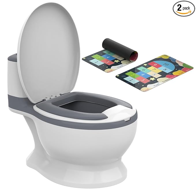 Toddler Potty Training Toilet with Diatomaceous Earth Mat – Realistic Toilet for Toddlers with Lid, Splash Guard & Non-Slip Base – Baby Potty Training Toilet with Bonus Tic-Tac-Toe Play Mat