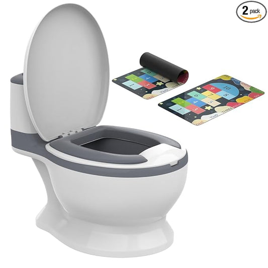 Toddler Potty Training Toilet with Diatomaceous Earth Mat – Realistic Toilet for Toddlers with Lid, Splash Guard & Non-Slip Base – Baby Potty Training Toilet with Bonus Tic-Tac-Toe Play Mat