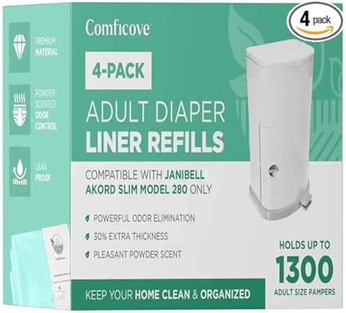 4 Pack Adult Diaper Liner Refills, Compatible with Janibell Akord 280 Slim Model, Adult Diaper System to Eliminate Waste, Odor Resistant by Comficove (4pk)