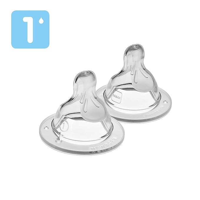 MAM Bottle Nipples Slow Flow Nipple Level 1, for Newborns and Older, SkinSoft Silicone Nipples & Easy Start Anti Colic Bottle Valve Replacement,2 Count (Pack of 1)
