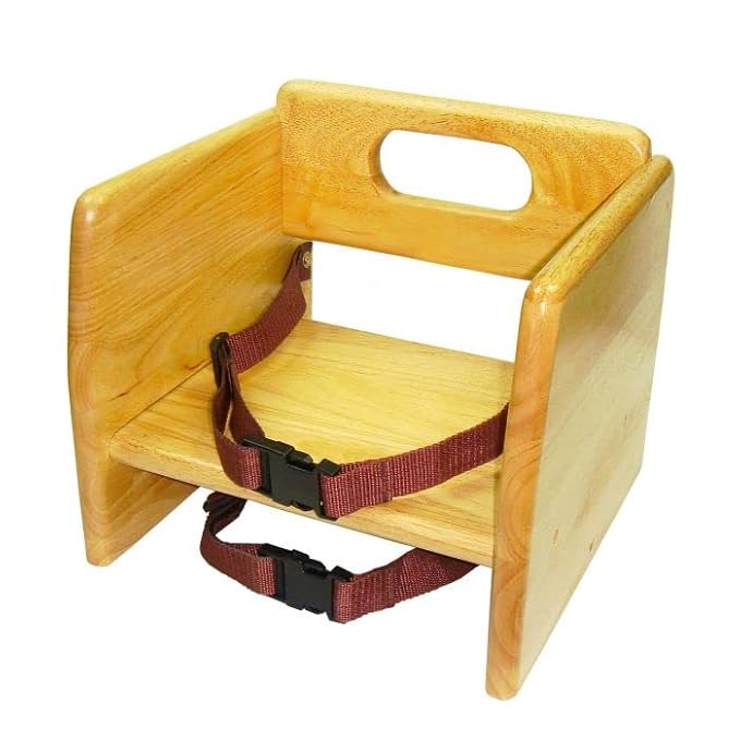 TrueCraftware– 17" Children Booster Seat Natural Wood Finished Rubber Wood with Harness Straps Seat Back Support Maximum Knock-Down Package Stackable Booster Seat for Dining Table