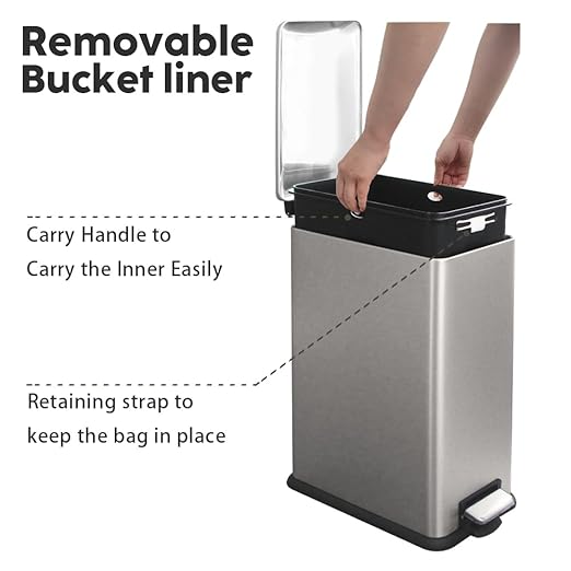 8 Gallon Slim Kitchen Trash Can, Rectangular Trash Can with Removal Inner Bucket and Soft-Close Lid, Foot Pedal, Stainless Steel Garbage Can 30 Liter, Grey