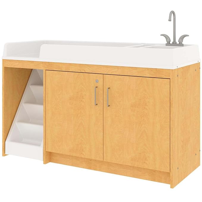 Tot Mate Toddler Diaper Changing Table with Stairs (Left) and Sink (Right) - Ideal Infant Changing Station for Home, Nursery, Daycare - 59-1/2" Wide, Assembled Baby Changer (Maple)