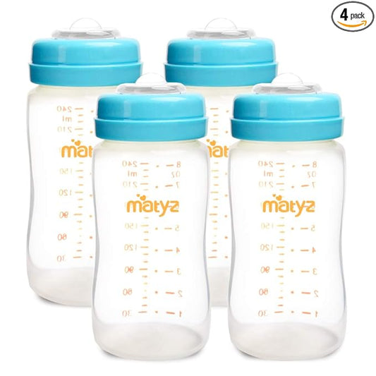 Matyz 4-PACK Wide Mouth Breast Milk Storage Containers With Lids (Blue, 8oz Each) - Freezer Safe Breastmilk Storage Bottles - Breast Pump Accessories For Medela Spectra Avent Breast Pumps