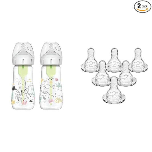 Dr. Brown’s Natural Flow® Anti-Colic Options+™ Wide-Neck Baby Bottle Designer Edition Bottles & Dr. Brown’s Natural Flow Level 2 Narrow Baby Bottle Silicone Nipple, Medium Flow, 3m+, 100% Silicone