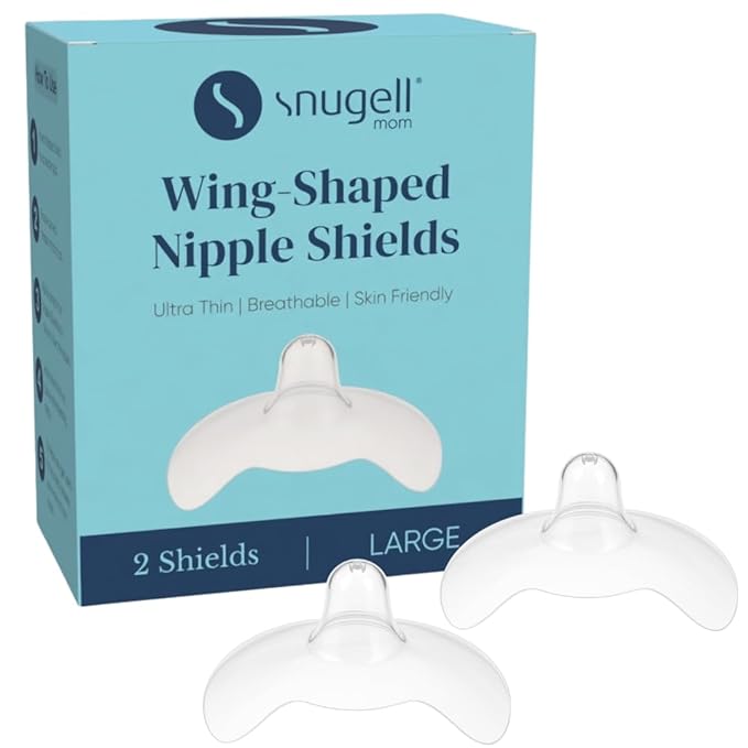 Snugell Wing-Shaped Nipple Shields for Breastfeeding, Large 24mm - Ultra-Thin Food-Grade Silicone Nursing Shields, 2-Pack with Case - for Flat, Inverted or Sore Nipples - Newborn Latch Support