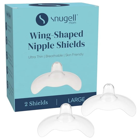 Snugell Wing-Shaped Nipple Shields for Breastfeeding, Large 24mm - Ultra-Thin Food-Grade Silicone Nursing Shields, 2-Pack with Case - for Flat, Inverted or Sore Nipples - Newborn Latch Support