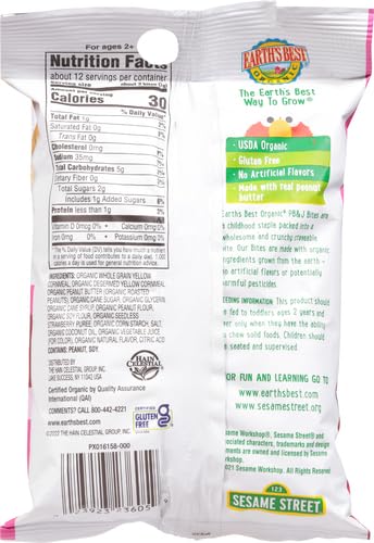 Earth's Best Organic Kids Snacks, Sesame Street Toddler Snacks, Organic PB&J Bites for Toddlers 2 Years and Older, Peanut Butter and Strawberry Flavored with Other Natural Flavors, 3 oz Bag