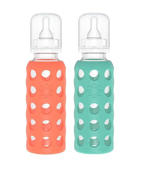 Lifefactory Glass Baby Bottle BPA Free | Protective Silicone Sleeve | 9 oz Pack of 2 | Papaya, Kale