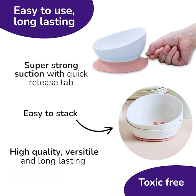 doddl 2-in-1 Baby & Toddler Suction Bowl with Removable Base, Converts to Non-Slip Self Feeding Dish, BPA & Toxin Free, Ergonomic High Back Oval Design, Dishwasher Safe, 6–48 Months (Dusky Rose)