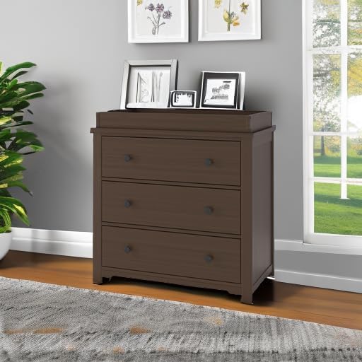 Child Craft Harmony 3-Drawer Dresser with Changing Table Topper, 38" W Nursery Dresser and Changing Station, Smooth Glides, Baby-Safe Finish, Brushed Truffle