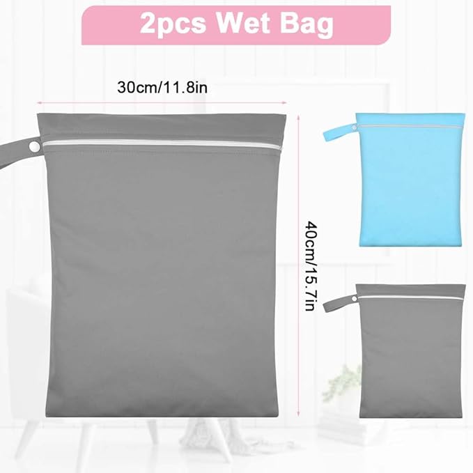 2PCS Wet Bags, Reusable Cloth Diaper Bags with Handle and Zipper, Lightweight Waterproof Travel Laundry Bag, Washable Wet Dry Bag for Baby Items Travel Beach Swimming Gym Camping(Grey&Blue)