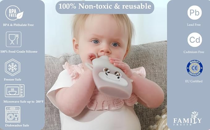 BPA Free, Silicone, Reusable Pouches for Toddlers 2 Pack Hippos, Easy to Clean Fill, Reusable Baby Food Pouches, Homemade Organic Smoothie, Puree, Applesauce, Yogurt, Refillable Food Pouches
