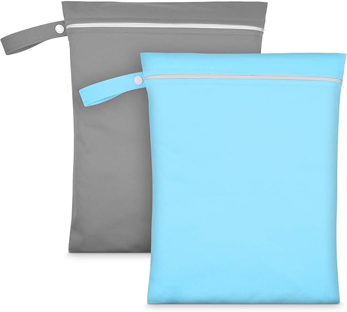 2PCS Wet Bags, Reusable Cloth Diaper Bags with Handle and Zipper, Lightweight Waterproof Travel Laundry Bag, Washable Wet Dry Bag for Baby Items Travel Beach Swimming Gym Camping(Grey&Blue)