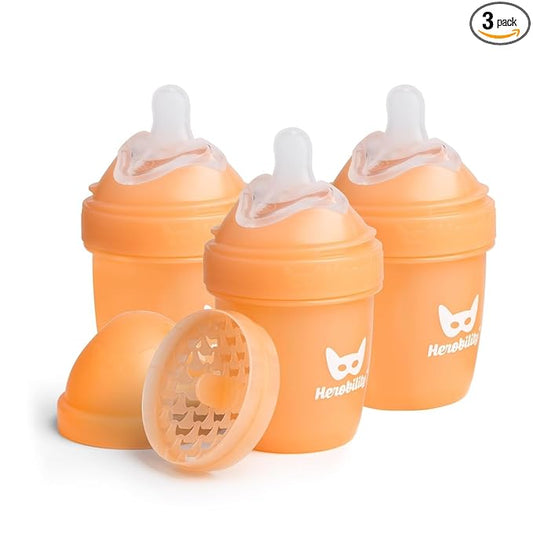 Herobility Anti-Colic Baby Bottles 5 fl oz/140 ml – Pack of 3 Newborn Baby Bottles, Slow Flow Plastic Bottles, Breast-Shaped Teat for Breastfed Babies, Small Baby Bottles, Swedish Design, Peach