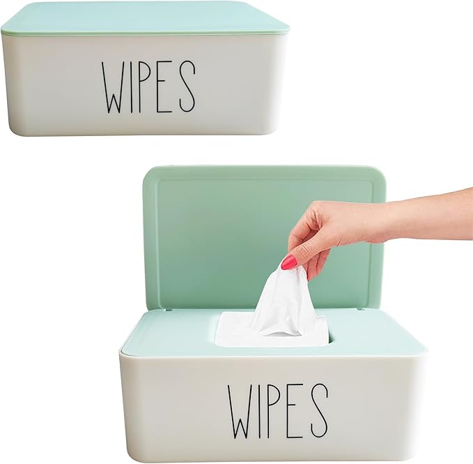 2 Pack Baby Wipes Container, 7.28" L * 4.80" W * 2.75" H, Moorfowl Flushable Wipes Dispenser Holder for Bathroom Baby Essentials, Green Lid White Base