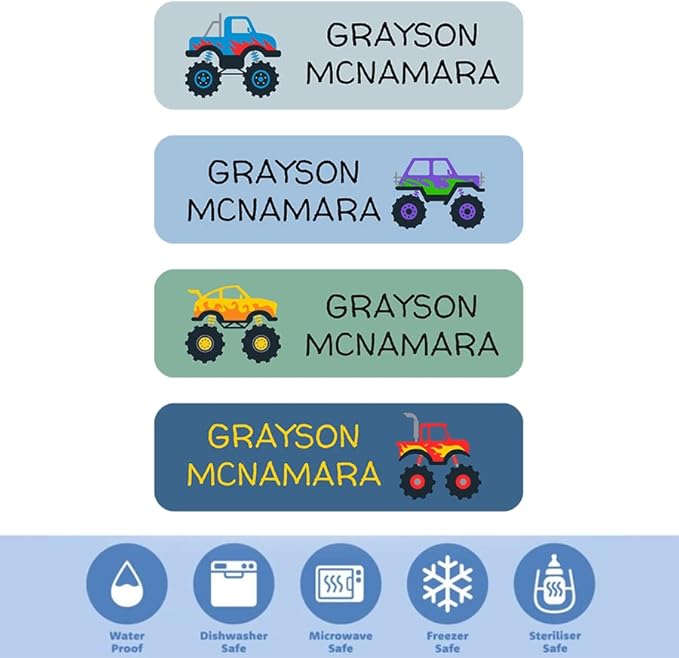 128 Monster Truck Custom Kid Name Label for Daycare, Waterproof Dishwasher Safe, Personalized Name Sticker for Camp, School Supply, Baby Bottle, Lunch Boxes, Water Bottle, Cups (Pattern2)