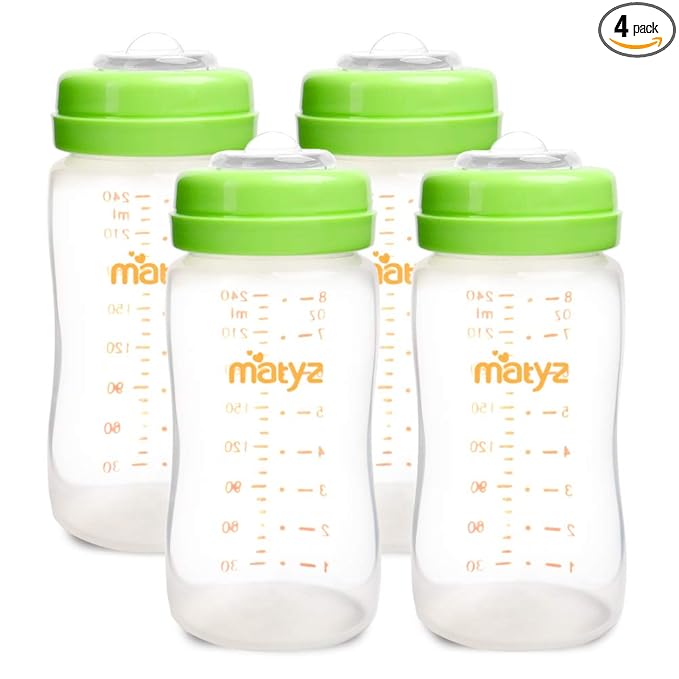 Matyz 4-PACK Breastmilk Storage Bottles With Lids (Green, 8oz Each) - Wide Mouth Breastmilk Collection Storage Bottle - Leakproof Breast Pump Bottle for Spectra Medela Philips Breast Pumps